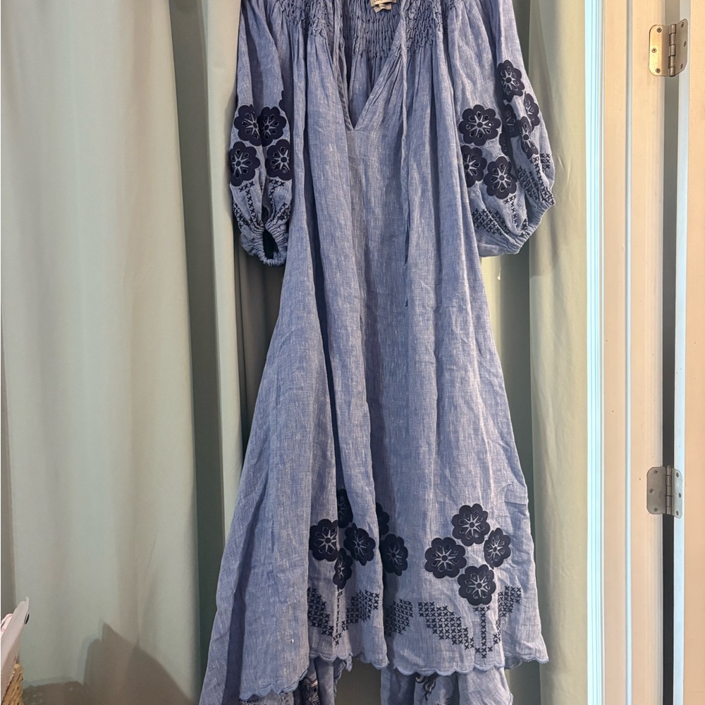 Chic Long Sleeve Blue Dress with Black Floral Accents